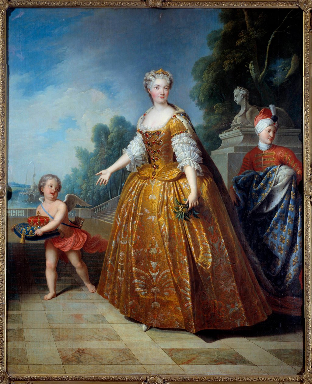 Muotokuva en pied de Marie Lesczinska (Lesczynska) (1703-1768) Ranskan kuningatar Pierre Gobertin (1662-1744) maalaus 1726 Nancy, Musee historique Lorraine - Marie Lesczinska (Leszczynska) täyspitkä muotokuva (Leszczynska)16703-178 , Ranskan kuningatar. Ki tekijältä Pierre Gobert