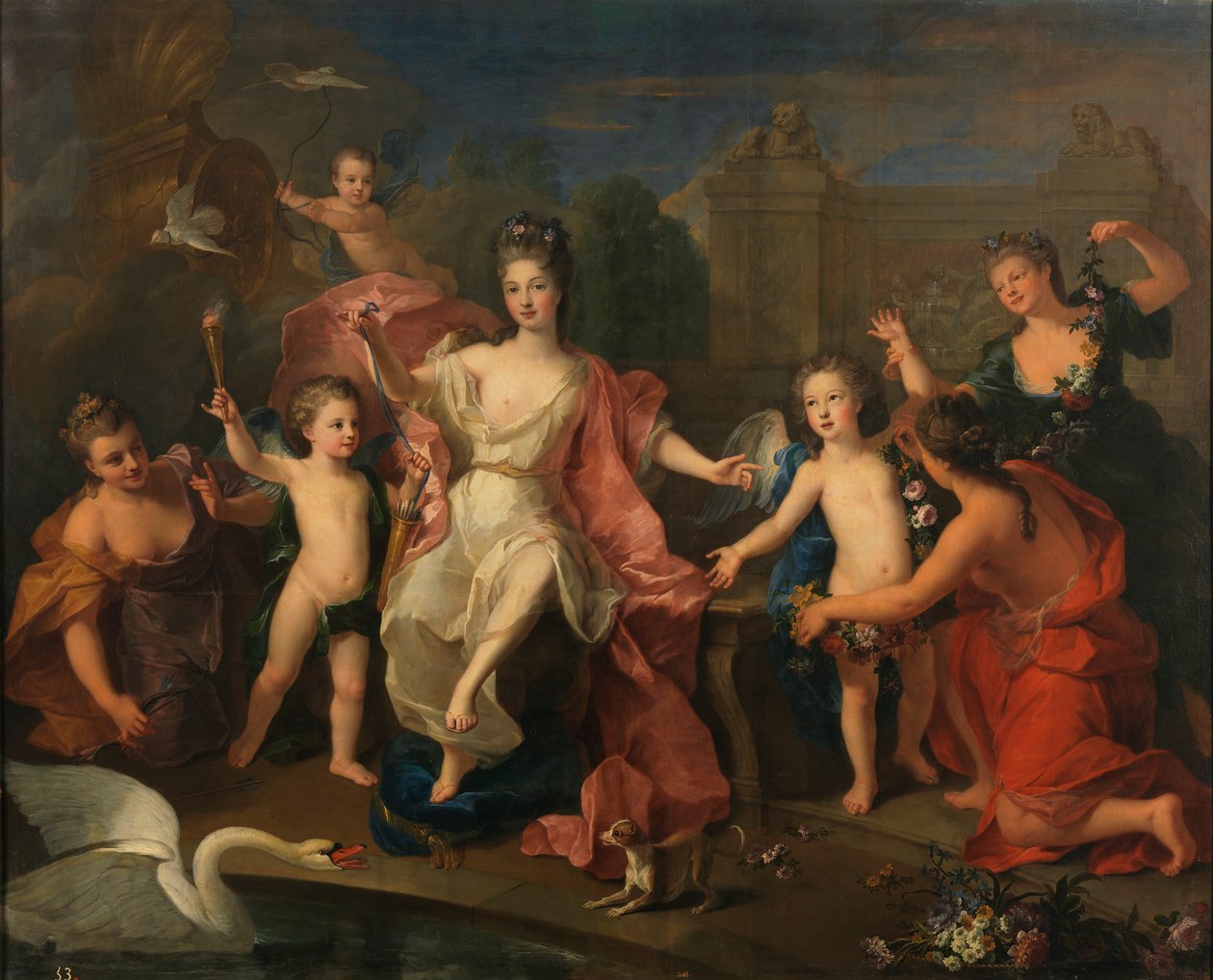 Espanjaksi:  María Adelaida de Saboya, duquesa de Borgoña con sus hijos Burgundin herttuatar ja hänen kaksi poikaansa, Bretagnen ja Anjoun herttuat (tuleva Ludvig XV). tekijältä Pierre Gobert
