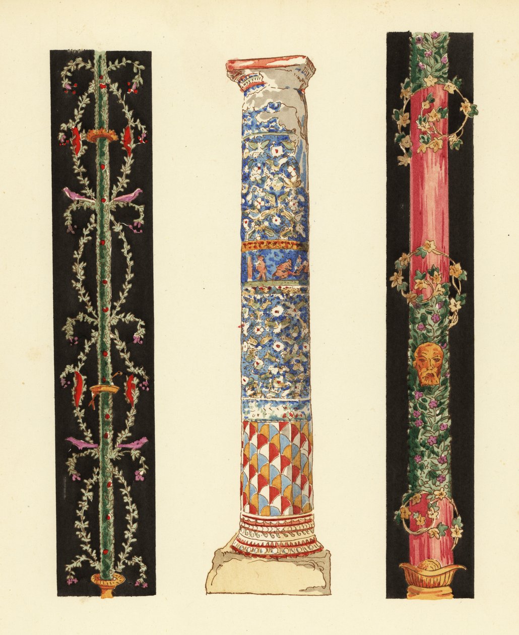 Koristeelliset kynttilänjalka neljänteen pompejilaiseen tyyliin (1,3) ja emalimosaiikkipylväs (2), Pompeji tekijältä Pierre Gusman
