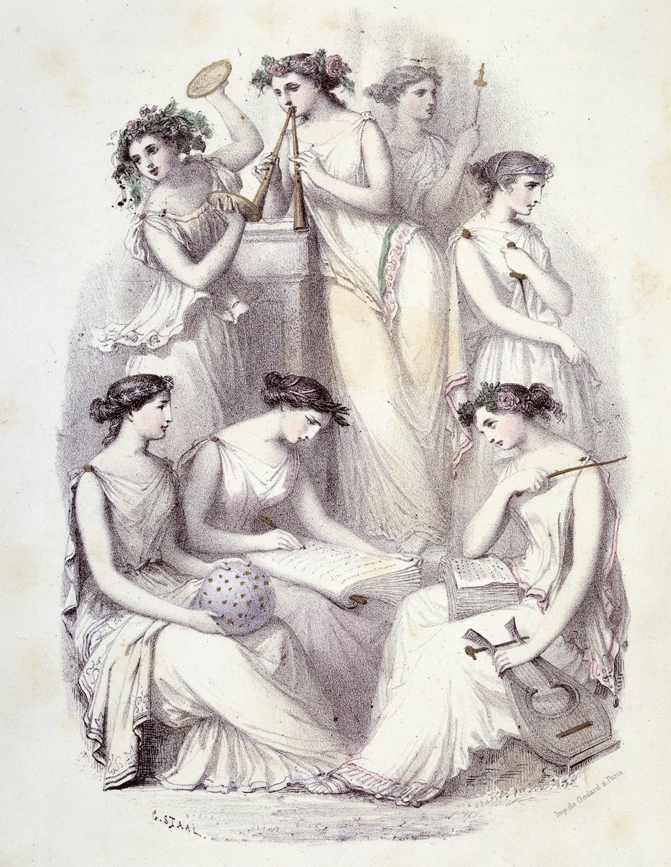 Olympuksen nerot - teoksessa ”Mytologiset naiset”, G. Staalin piirustukset, Mery ja Cte Foelix, toim. G. de Gouet tekijältä Pierre Gustave Eugene Staal
