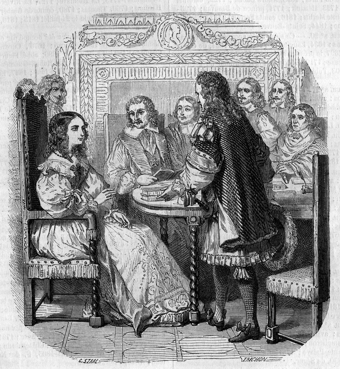 Kuningatar Christine of Suede (1626-1689) vierailu Academy Francaisessa Pariisissa kardinaali Richelieun G. Staalin kaiverruksen läsnä ollessa tekijältä Pierre Gustave Eugene Staal