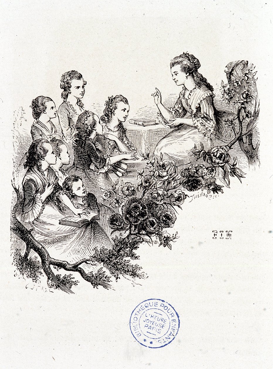 Nuori taloudenhoitaja kertomassa tarinaa ryhmälle lapsia - rouva Leprince de Beaumontin teoksessa Le magasin des enfants, ill. Staal, Garnier tekijältä Pierre Gustave Eugene Staal