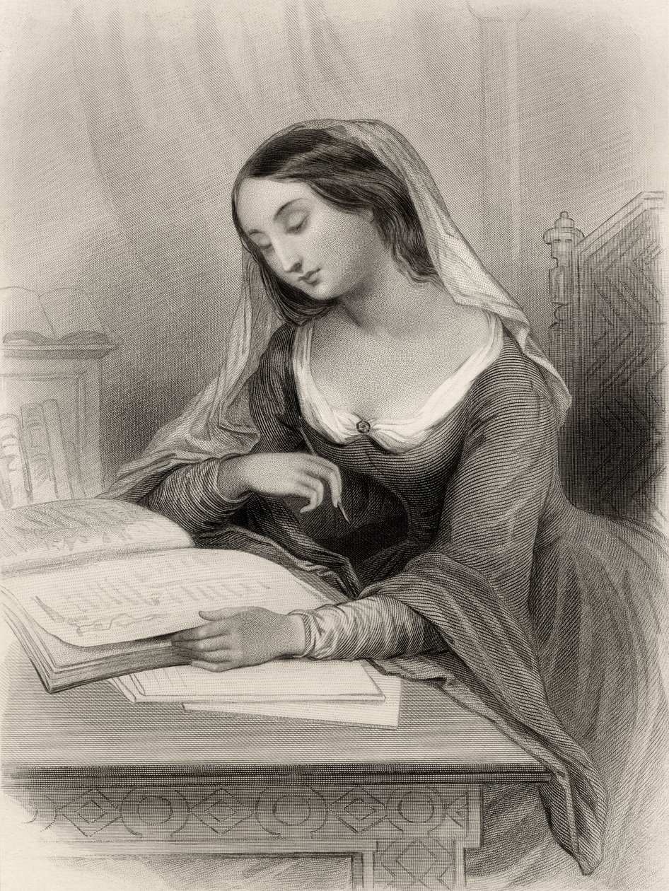Heloisen (1101-60) kuvitus Mary Cowden Clarken teoksesta "Maailman tunnetut naiset", 1858 tekijältä Pierre Gustave Eugene Staal