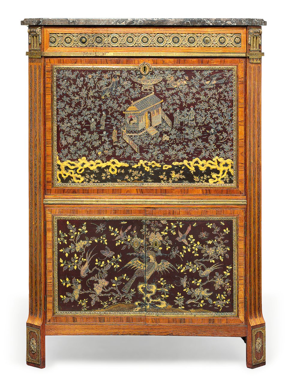 Louis XVI Secretaire a Abatant, 1700-luvun lopulla (marmori, nahka, ormolu-kiinnitetty kuningaspuu, tulppaanipuu, amarantti, helmiäisuurteinen kiinalainen lakka ja japanilainen lakka) (katso myös 3479849) tekijältä Pierre Harry Mewesen