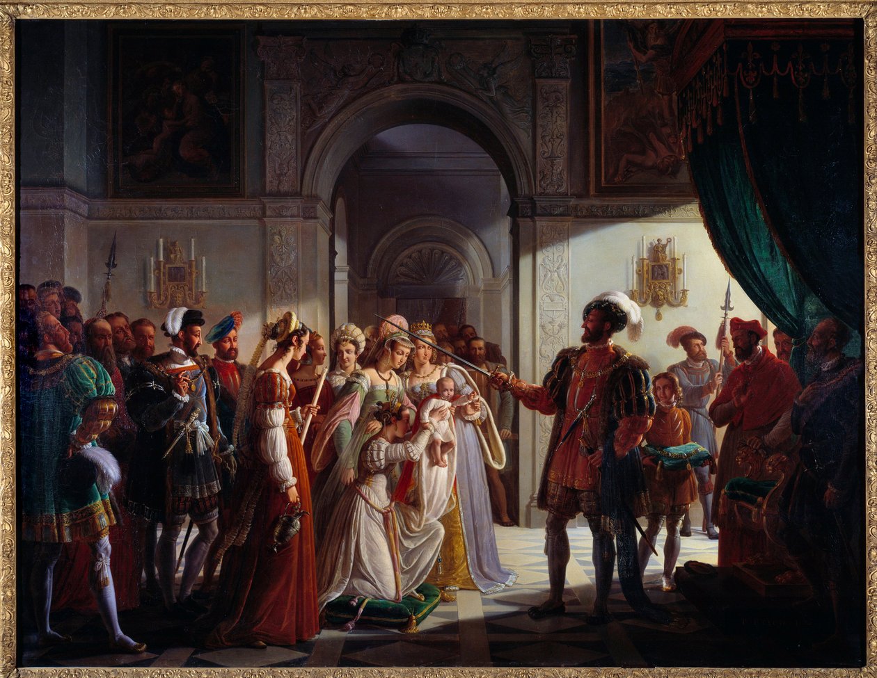 Francois I (1494-1547) aseistautunut ritari pojanpoikansa Francois II (1544-1560). Nuoren prinssin mukana ovat hänen vanhempansa Henrik II (1519-1559) ja Catherine de Medici (Caterina de Medici) (1519-1589). Pierre Henri Revoilin (1776-1842) maalaus tekijältä Pierre Henri Revoil