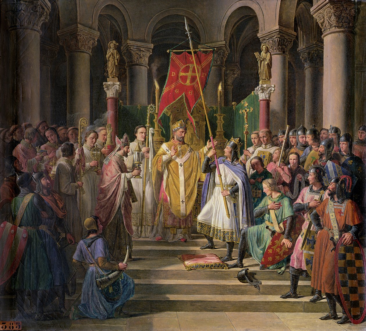 Philip Augustus (1165-1223) Ranskan kuningas otti lipun St. Denisissä, 24. kesäkuuta 1190, 1841 tekijältä Pierre Henri Revoil