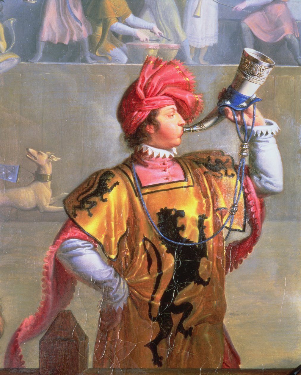 Kohtaus turnauksesta neljännellätoista vuosisadalla, heraldikon yksityiskohta, 1812 yksityiskohta kuvasta 89702 öljy kankaalle tekijältä Pierre Henri Revoil