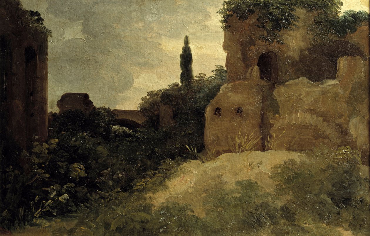 Villa Farnesessa, roomalaiset rauniot Pierre Valenciennesin (1750-1819) maalaus 1700-luvun su. 0,26x0,4 m tekijältä Pierre Henri de Valenciennes