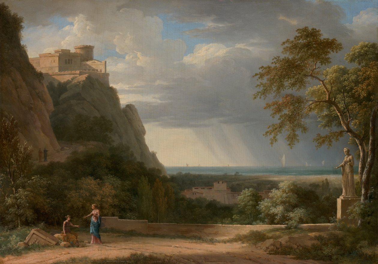 Klassinen maisema hahmoilla ja veistoksella tekijältä Pierre Henri de Valenciennes