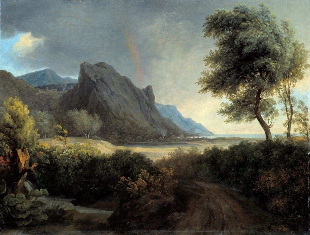 Meren pestämä vuoristoinen maisema. Sateenkaari. - Pierre de Valenciennes (1750-1819) 1800-luvun su. 0,4x0,53 m tekijältä Pierre Henri de Valenciennes