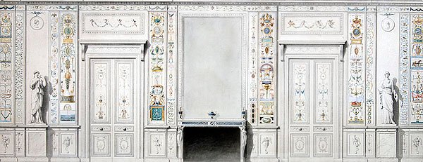 Suunnittelu salonkiin (liitu, tussi, akvarelli ja vartaloväri paperille) tekijältä Pierre II Rousseau