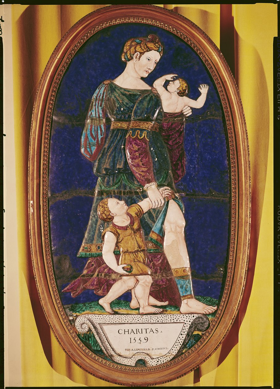 Kiltti, joka kuvaa Charitya, Limousin, 1559 (maalattu emali) tekijältä Pierre I Courteys