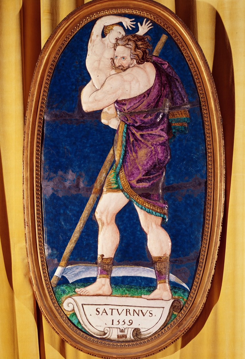 Saturnusta kuvaava laatta, Chateau de Madrid, Neuilly, 1559 (maalattu emali) tekijältä Pierre I Courteys