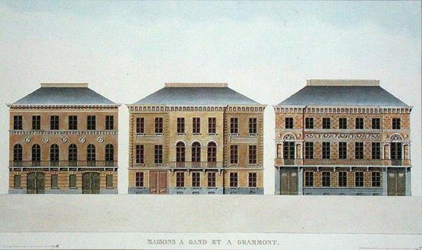 Gentin ja Grammontin talot, Belgia, Pierre Jacques Goetghebuerin "Choix des Monuments, Edifices et Maisons les plus remarquables du Royaume des Pays-Bas", julkaistu 1827 (akvatintta). tekijältä Pierre Jacques (after) Goetghebuer