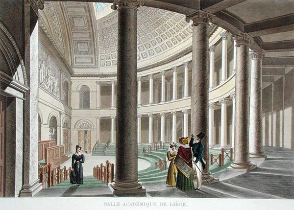 Liegen akatemian sisustus, Pierre Jacques Goetghebuerin teoksesta "Alankomaiden kuningaskunnan merkittävimpien monumenttien, rakennusten ja talojen valinta", J. N. Chevronin kaiverrus, julkaistu 1827 (akvatinta) tekijältä Pierre Jacques (after) Goetghebuer