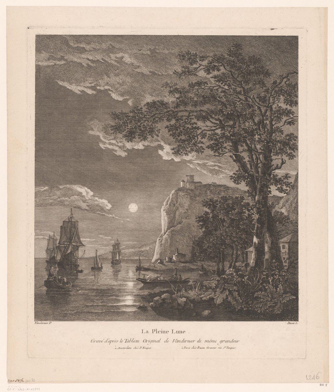 Yömaisema laivoineen rannikolla La Pleine Lune. (otsikko esineessä) tekijältä Pierre Jacques Duret