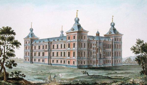 Chateau Ronsessa, Belgiassa, Pierre Jacques Goetghebuerin "Alankomaiden kuningaskunnan merkittävimpien monumenttien, rakennusten ja talojen valinta", julkaistu 1827 (akvatinta) (katso myös 189234) tekijältä Pierre Jacques Goetghebuer
