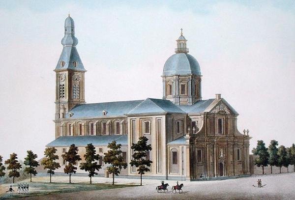 Pyhän Pierren kirkko Gentissä, Pierre Jacques Goetghebuerin "Alankomaiden kuningaskunnan merkittävimpien monumenttien, rakennusten ja talojen valinta", julkaistu 1827 (akvatinta) tekijältä Pierre Jacques Goetghebuer