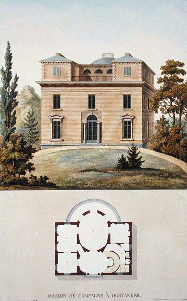 Maatalo Oostakkerissa, Belgiassa, Pierre Jacques Goetghebuerin "Alankomaiden kuningaskunnan merkittävimpien monumenttien, rakennusten ja talojen valinta", julkaistu 1827 (akvatinta) tekijältä Pierre Jacques Goetghebuer
