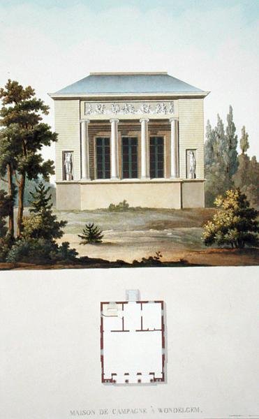 Wondelgemin maalaistalo, Pierre Jacques Goetghebuerin "Alankomaiden kuningaskunnan merkittävimpien monumenttien, rakennusten ja talojen valinta", julkaistu 1827 (akvatinta) tekijältä Pierre Jacques Goetghebuer