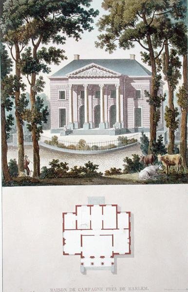 Maalaistalo lähellä Haarlemia, Hollanti, Pierre Jacques Goetghebuerin "Choix des Monuments, Edifices et Maisons les plus remarquables du Royaume des Pays-Bas" -teoksesta, julkaistu 1827 (akvatintta). tekijältä Pierre Jacques Goetghebuer