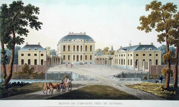 Maalaistalo lähellä Zutphenia, Pierre Jacques Goetghebuerin "Alankomaiden kuningaskunnan merkittävimpien monumenttien, rakennusten ja talojen valinta", julkaistu 1827 (akvatinta) tekijältä Pierre Jacques Goetghebuer