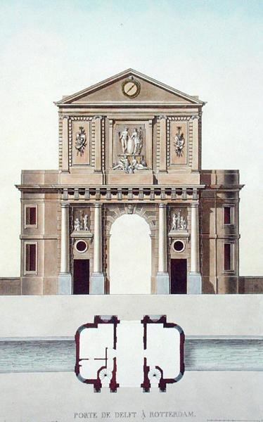 Gateway of Delft, Rotterdam, Pierre Jacques Goetghebuerin teoksesta "Alankomaiden kuningaskunnan merkittävimpien monumenttien, rakennusten ja talojen valinta", julkaistu 1827 (akvatinta) tekijältä Pierre Jacques Goetghebuer