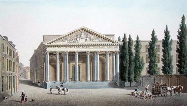 Oikeuspalatsi, Bryssel, Pierre Jacques Goetghebuerin "Alankomaiden kuningaskunnan merkittävimpien monumenttien, rakennusten ja talojen valinta", julkaistu 1827 (akvatinta) tekijältä Pierre Jacques Goetghebuer