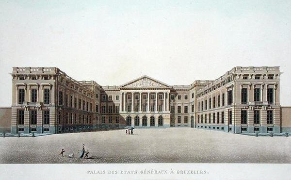 Palace of the Estates General, Bryssel, Pierre Jacques Goetghebuerin "Alankomaiden kuningaskunnan merkittävimpien monumenttien, rakennusten ja talojen valinta", julkaistu 1827 (akvatinta) tekijältä Pierre Jacques Goetghebuer