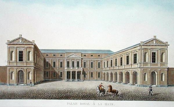 Palais Royal, Haag, Pierre Jacques Goetghebuerin teoksesta "Alankomaiden kuningaskunnan merkittävimpien monumenttien, rakennusten ja talojen valinta", julkaistu 1827 (akvatinta) tekijältä Pierre Jacques Goetghebuer