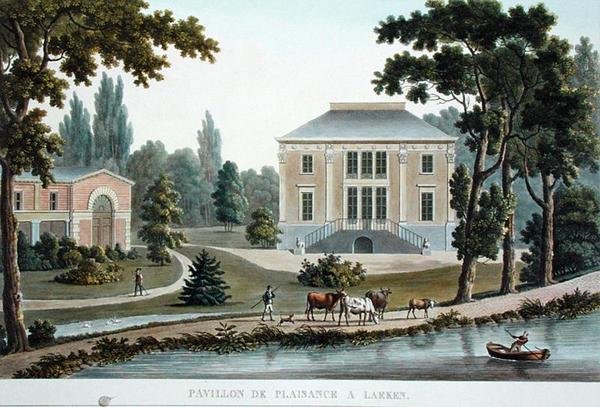 Pavillon de Plaisance Laekenissa, Pierre Jacques Goetghebuerin teoksesta "Alankomaiden kuningaskunnan merkittävimpien monumenttien, rakennusten ja talojen valinta", julkaistu 1827 (akvatinta) tekijältä Pierre Jacques Goetghebuer