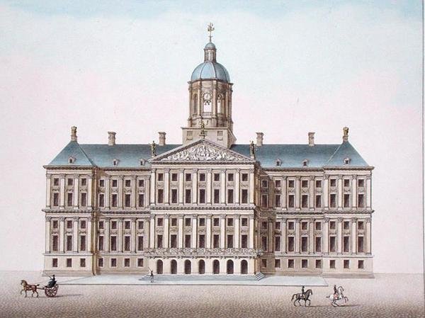 Amsterdamin kuninkaallinen palatsi, Pierre Jacques Goetghebuerin "Alankomaiden kuningaskunnan merkittävimpien monumenttien, rakennusten ja talojen valinta", julkaistu 1827 (akvatinta) tekijältä Pierre Jacques Goetghebuer