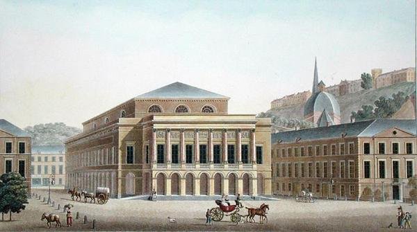Liegen teatteri, Pierre Jacques Goetghebuerin teoksesta "Alankomaiden kuningaskunnan merkittävimpien monumenttien, rakennusten ja talojen valinta", kirjailijan kaiverrus, julkaistu 1827 (akvatinta) tekijältä Pierre Jacques Goetghebuer