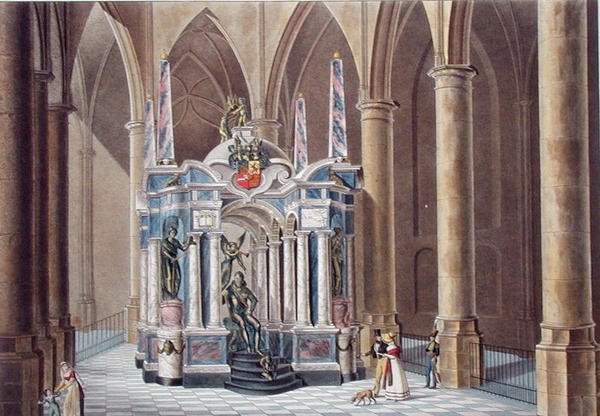 William I:n Orangen prinssin hauta Delftissä, Pierre Jacques Goetghebuerin "Alankomaiden kuningaskunnan merkittävimpien monumenttien, rakennusten ja talojen valinta", julkaistu 1827 (akvatinta) tekijältä Pierre Jacques Goetghebuer