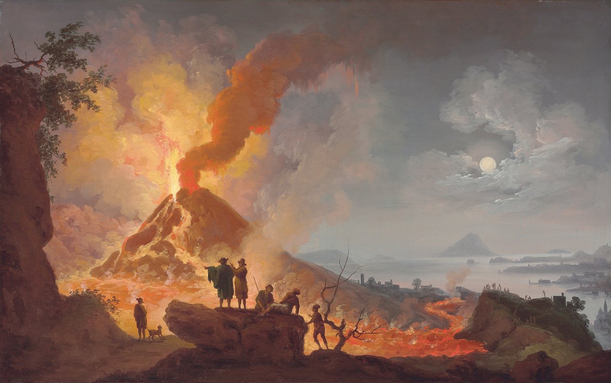 Vesuvius-vuori purkautuu yöllä, nähtynä Atrio del Cavallosta katsojien kanssa etualalla, panoraamanäkymä kaupunkiin ja Napolinlahdelle sen takana tekijältä Pierre Jacques Volaire