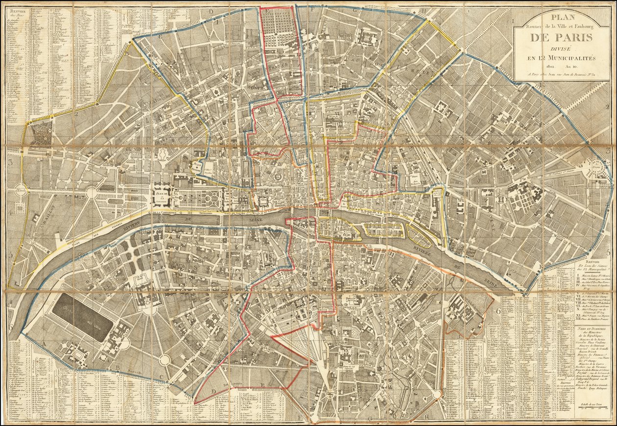 Kartta vuodelta 1802 - Plan Routier de la Ville et Faubourg de Paris Divise en 12 Municipalities (Pariisin kaupungin- ja kaupunginosien kartta) tekijältä Pierre Jean