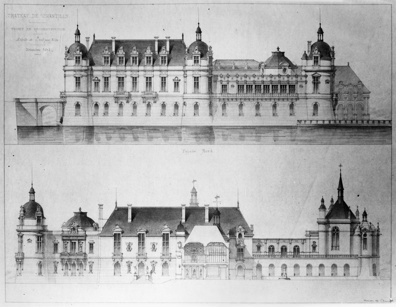 Suunnittelu Chateau de Chantillyn Petit Chateaun pohjoisen julkisivun ja julkisivun jälleenrakennukseen, 1875 (kynä ja wc paperilla) (bw kuva) tekijältä Pierre Jerome Honore Daumet