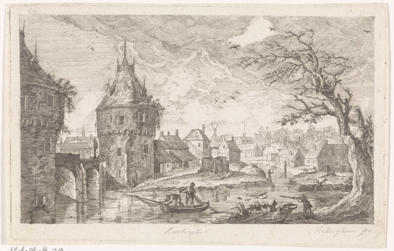 Kylänäkymä kalastajien kanssa tekijältä Pierre Joseph Jacques Tiberghien