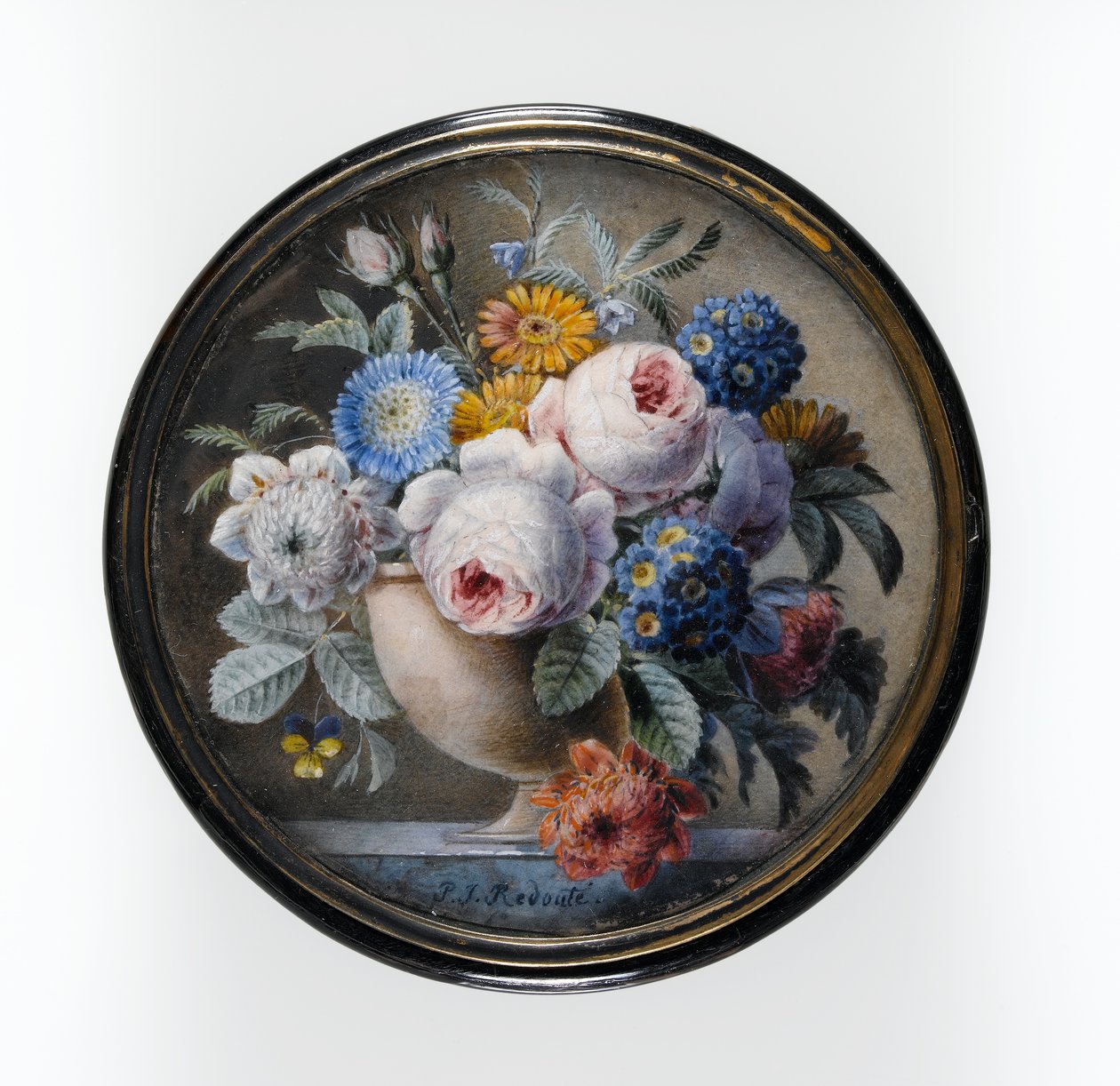 Kilpikonnankuorilaatikko, jossa on miniatyyri kukkia kivimaljakossa marmorilaatalla, 1827 (wc ja vartalon väri kortilla, lasin alla kullatussa metallissa) tekijältä Pierre Joseph Redouté