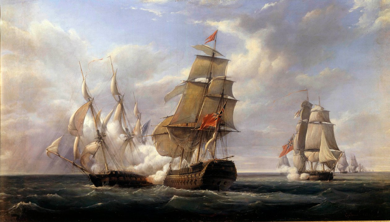 Ranskalaisen fregatin La Canonnieren taistelu"" englantilaista laivaa "" Le Tremendous" vastaan" le 21/04/1806"" Pierre Gilbertin (1783-1860) maalaus 1832 Su. 0,93x1,71 m tekijältä Pierre Julien Gilbert