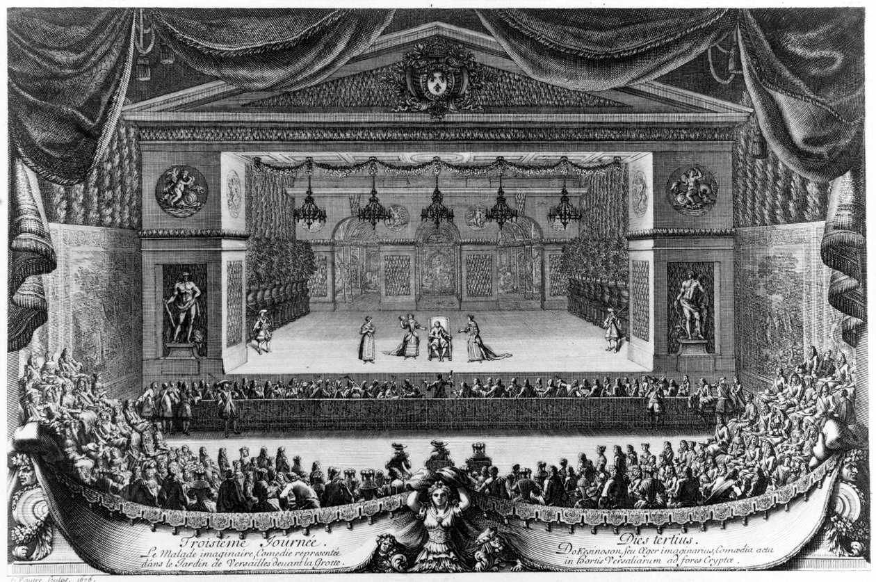 Kolmas päivä: Le Malade imaginaire (Molière), komedia, joka esitettiin Versaillesin puutarhassa luolan edessä vuonna 1676, Pierre Lepautren (1660-1744) kaiverrus tekijältä Pierre Lepautre