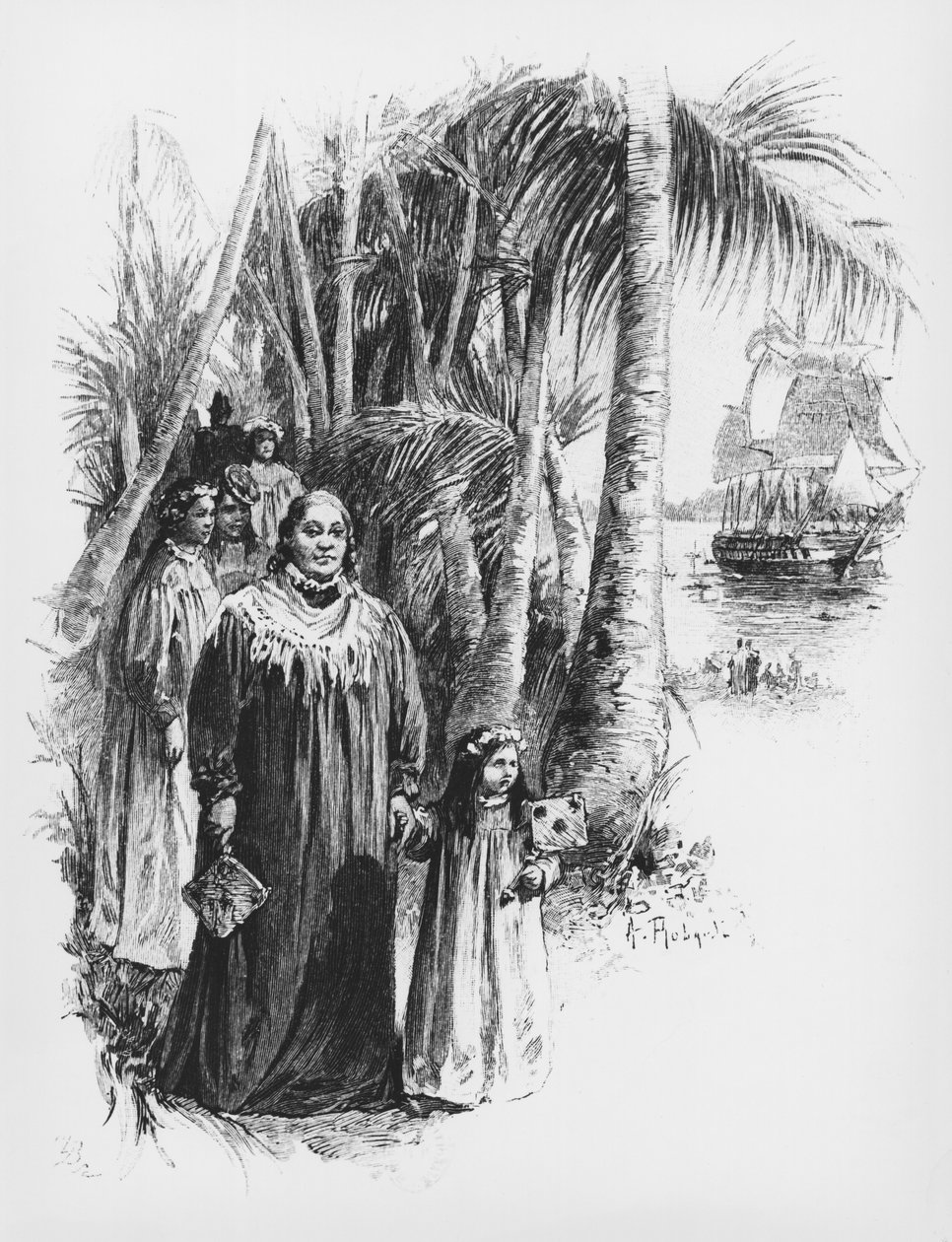 Tahitin kuningatar Pomare IV (1827-77), kuvitus Pierre Lotin teoksesta "Le Mariage de Loti, Rarahu", Pariisi, Calmann Levy, julkaistu 1898 tekijältä Pierre Loti