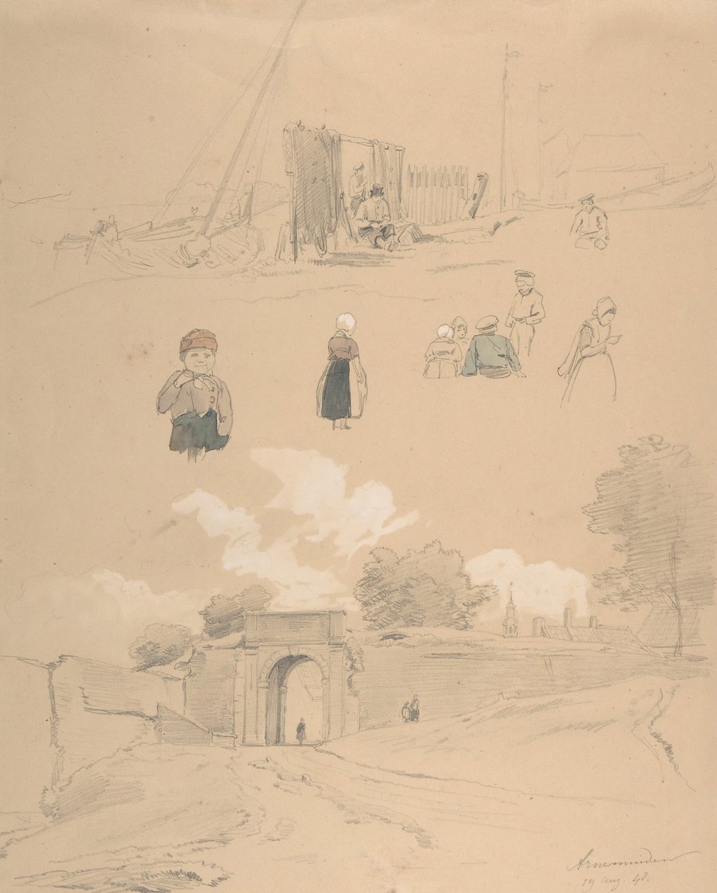 Tutkimusarkki, jossa on hahmoja ja maisemia Arnemuidenissa lähellä Middelburgia..., 1800-luvun puoliväli. tekijältä Pierre Louis Dubourcq