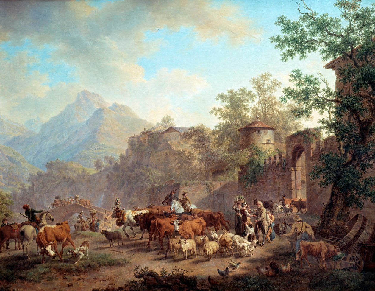 Lähde karjoista vuorelle Debyytti transhumances. Pierre Louis Larive (de la Rive) Godefroyn (1735-1817) maalaus 1813 Geneve, Taide- ja historiamuseo tekijältä Pierre Louis de La Rive
