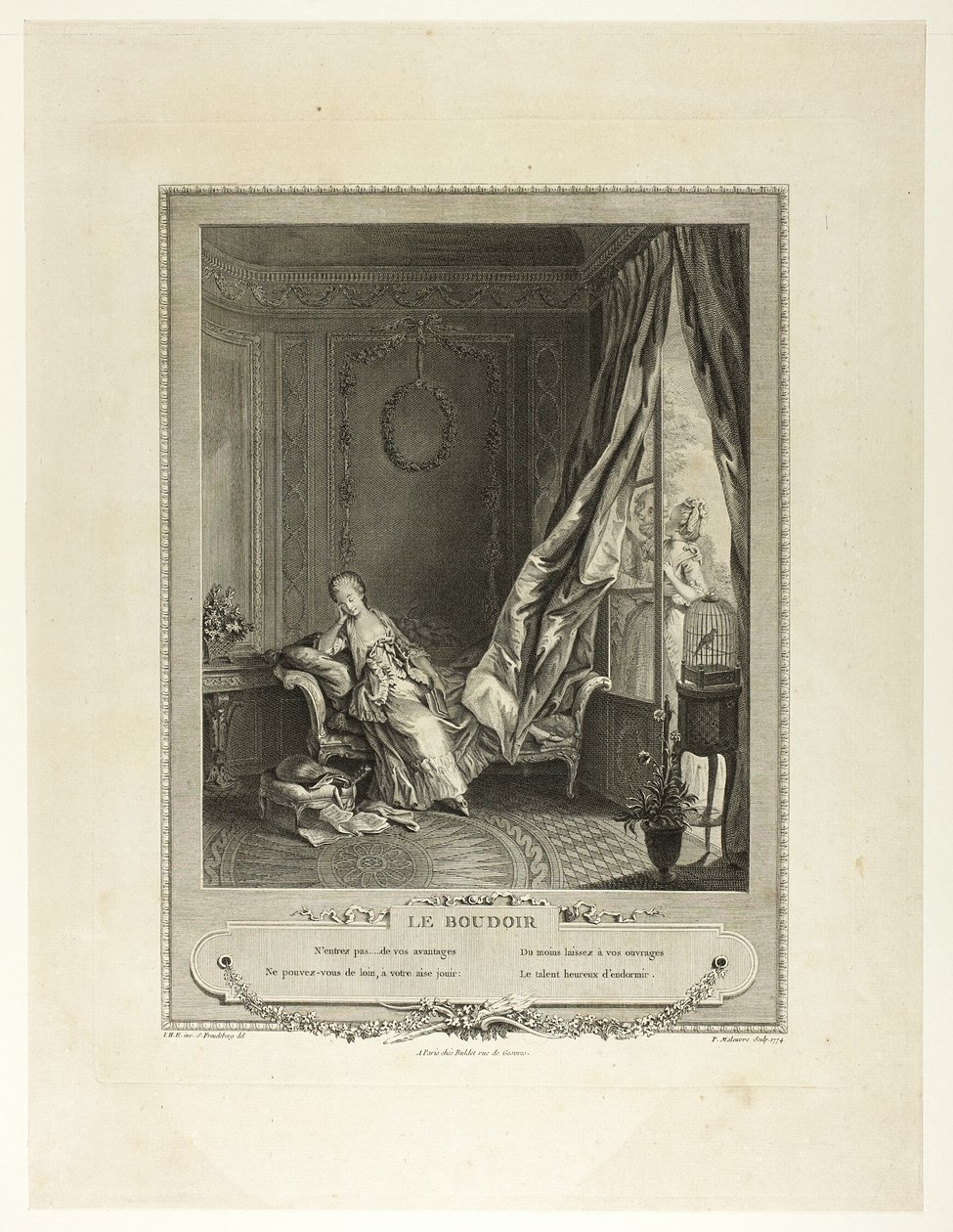 Boudoir, teoksesta Monument du Costume Physique et Moral de la fin du Dix-huitième siècle (Monument du Costume Physique et Moral de la fin du Dix-huitième siècle). tekijältä Pierre Maleuvre