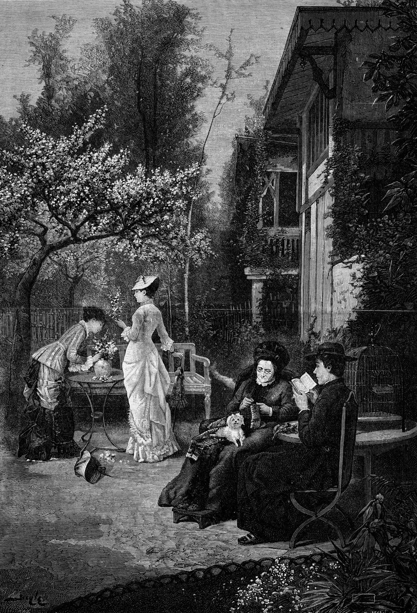 Persikan kukat (1800-luku). Kaiverrus Pierre Beylen (1838-1902) maalauksen jälkeen. "" The Illustrous World" -julkaisussa nro 1250 12. maaliskuuta tekijältä Pierre Marie Beyle