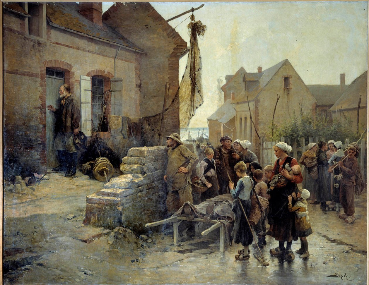 Paluu tempetelta Merimies koputtaa myrskyssä kuolleen syntisen naisen ovelle kertoakseen hänelle uutisen. Pierre Marie Beylen (1838-1902) maalaus 1800-luvun Fecamp, Newfoundlandin museo tekijältä Pierre Marie Beyle