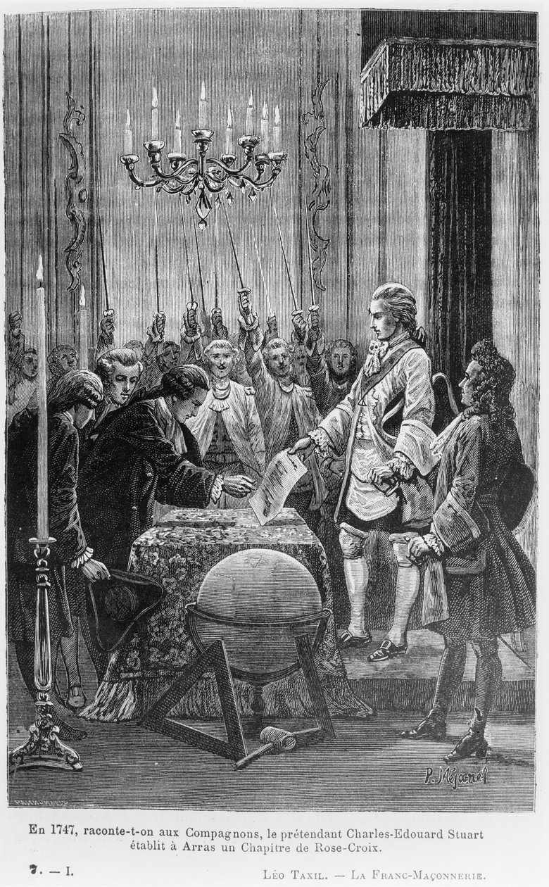 Kumppanien kerrotaan, että vuonna 1747 teeskentelijä Charles-Edward Stuart (1720-1788) perusti ruusuristin kappelin Arrasiin, kuva Leo Taxilin teoksesta "Vapaa muuraus" (bw p tekijältä Pierre Mejanel