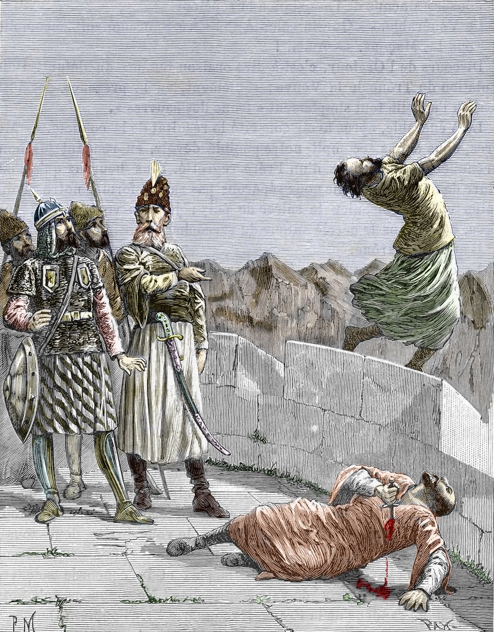 Idän ismaililahko tai murhaajat, jonka perusti Hassan ibn al-Sabbah (1036-1124), joka tunnetaan Vuoren vanhana miehenä", edustaja käski kahta fanaattisista seuraajistaan tappamaan itsensä, Alamut, Persia, noin 1096" (Nizari) Ismailismi: Hassanin edustus tekijältä Pierre Mejanel