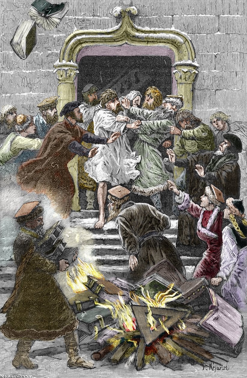 Sokinianismi ja pieni puolalainen kirkko: Krakovan asukkaat polttavat Faustus Socinuksen (Faust Socin tai Fausto Sozzini) (1539-1604) teoksia julkisella aukiolla pakottaen hänet osallistumaan autodafeen vuonna 1598 (sosiinilaisuus ja puolalaiset veljet: tekijältä Pierre Mejanel